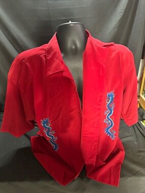 Red Short Sleeve Shirt with Blue Dragon Embroidery-Elliot sport-size L-#565